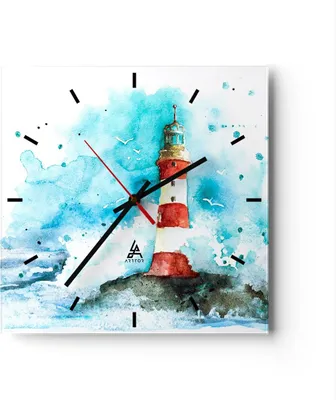 Produktbild von Wanduhr - Quadrat - Glasuhr - Leuchtturm Wasser Illustration Welle - 30x30cm - Schleichendes Uhrwerk - Lautlos - zum Aufhängen bereit - Dekoration Modern - Wanddekoration aus Glas - C3AC30x30-2939