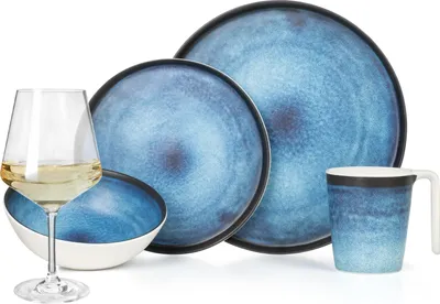 Produktbild von Melamin Camping Geschirr Set 4 Personen Deep Ocean + 4 Milano Weiß Weingläser Tafelgeschirr Picknick BBQ Kochgeschirr
