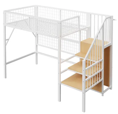 Image de Lit superposé en métal avec échelle de sécurité, espace de rangement et bandeau lumineux LED, dimensions 90 x 200 cm, couleur blanche