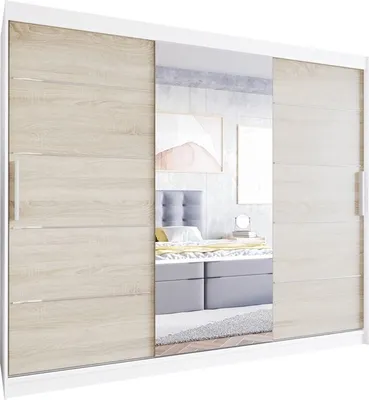 Produktbild von Easy4You LVI 250 cm Weiß/Sonoma Schiebetüren Kleiderschrank 250x215x58 cm mit Spiegel - Schlafzimmermöbel, Aufbewahrung - Mehrzweckschrank
