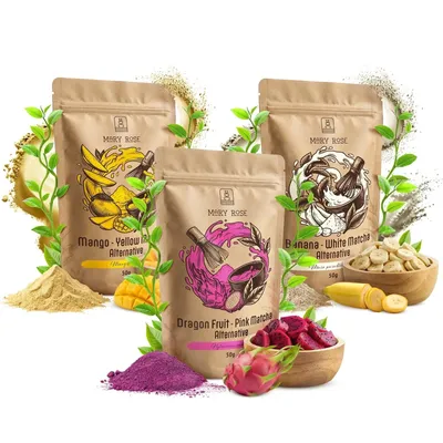 Produktbild von Mary Rose - Bunter Matcha Tee Pulver Weiß, Rosa, Gelb 3x50g - Drachenfrucht, Mango, Banane - ohne Zucker  - Natürliche Lebensmittelfarbe Für Deserts