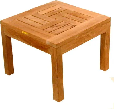 A wooden side table shown from a three-quarter angle against a white background.