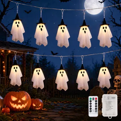 Halloween-Lichterkette 10 Geister mit Hexenhut 2,75 m Timer
