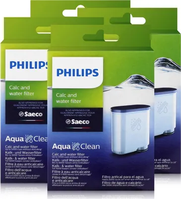 A close-up view of several packages of Philips AquaClean water filters for Saeco coffee machines.