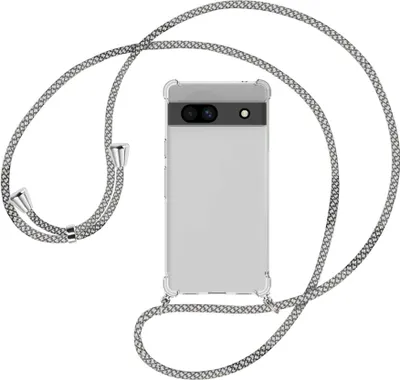 Produktbild von Handykette Backcover-Schutzhülle mit Band (Metall silberfarben) für Google Pixel 7a - weiß/grau kariert