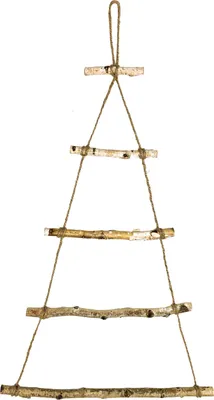 A hanging Christmas tree decoration made of natural wood branches and twine.