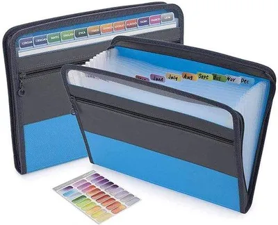 Produktbild von Erweiterbare Dokumentenmap - A4/Letter-Format - mit Reißverschluss und Etiketten - wasserdicht - geeignet für Schule, Büro, Privat - Polyester - blauw - 1 Stück