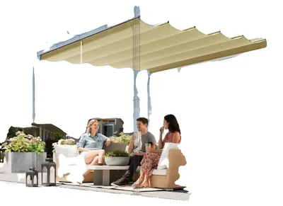 Imagen del producto de Techo retráctil para pérgola, 4 x 3 metros, color beige, fabricado con lona impermeable, protección UV, ideal para uso en exteriores