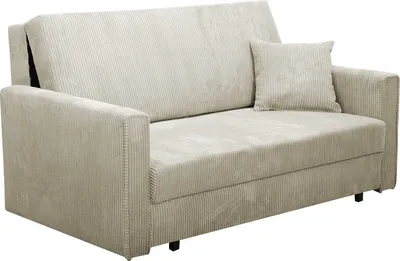 A beige corduroy sofa with a single throw pillow.