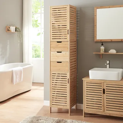 Produktbild von Hochschrank 'Boksereys' mit 2 Türen und 3 Schubladen 180 x 35 x 35 cm Bambus