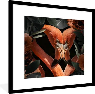 Produktbild von MuchoWow® MuchoWow® Gerahmtes Poster Flamingo - Blätter - Blumen 40x40 cm - Poster mit zchwarzem Bilderrahmen - Poster - Plakat im Rahmen