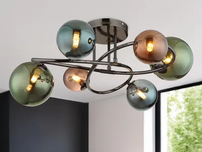Produktbild von Globo Lighting Deckenleuchte Metall grau matt, Glaskugeln, Glasfarben: bronze, grün, petrol, ø: 650mm, H: 250mm, Glas-DM: 2x15 cm, 2x 12cm, 2x 10cm, inkl. 6x G9 LED 3.5W 230V, 350lm Source, 290lm Output, 3000K