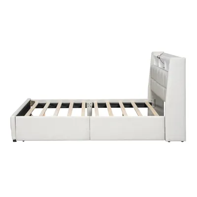 Produktbild von Stauraumbett mit LED-Beleuchtung, USB-Anschlüssen und Schubladen, 140x200 cm, Doppelbett, Leinen