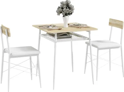 Image de HOMCOM Ensemble table et chaises, table de cuisine avec chaises, structure en acier, avec 2 chaises encastrables, pour cuisine salon maison, blanc et chêne