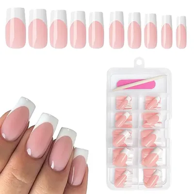 Image de Ensemble de 120 faux ongles press-on, style français, couleur blanche, forme carrée, nuance nude