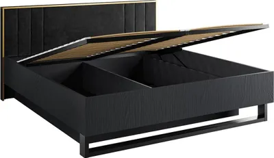 Immagine prodotto di Letto contenitore MONDO - 160x200 cm - Nero strutturato e dorato - Piedi in metallo - Rete inclusa
