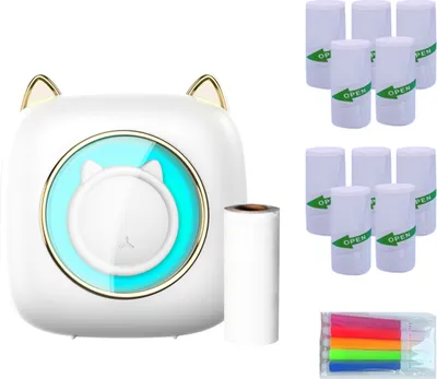 Obrázek produktu pro Mini kapesní tiskárna, přenosná termotiskárna, bezdrátové BT připojení, 203 DPI, pro obrázkové štítky, seznamy pro kutily, poznámky, deník, účtenky, okamžité samolepky s 1 rolí termopapíru, 10 kusy samolepicího termopapíru, 5 kusy barevných fixů, dárek pro děti, studium, práci, kancelář. Kompatibilní se systémem Android iOS