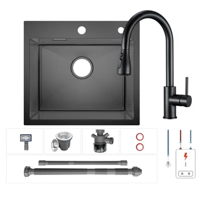 Produktbild von Küchenspüle 50x45 cm mit Niederdruck ausziehbarem Wasserhahn, schwarze edelstahlspüle Set, Spülbecken mit Niederdruckhahn, Einbauspüle, Cecipa max