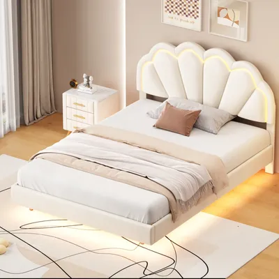 Produktbild von CDGlobal Polsterbett 140x200cm mit Blumenform Kopfteil und LED, Schwebebett Doppelbett mit Lattenrost, Massivholzbett Kinderbett Samt Jugendbett, Weiß