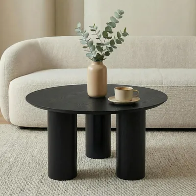 Produktbild von Couchtisch ESTER 70 cm rund, Schwarz - Moderner Wohnzimmertisch mit 3 Säulenfüßen, Beistelltisch aus MDF in Holzoptik, stabiler Coffee Table, 40 cm Höhe