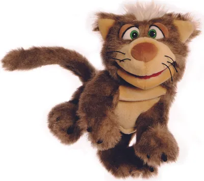 A stuffed cat puppet is shown against a white background.