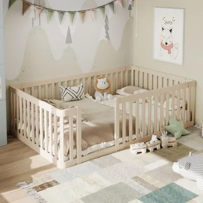 Produktbild von Kinderbett Hausbett Massivholz Kiefer Schlafbett Spielbett Rausfallschutz Stabiles Bodenbett Matratze direkt nutzbar, 90x200 cm cremeweiß