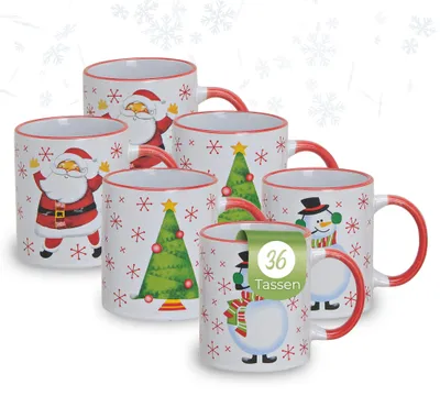 Produktbild von Weihnachtstassen 36 Stk. Karton Weihnachtsbaum Schneemann rot weiß