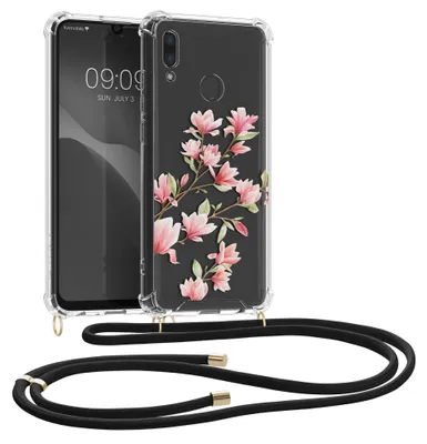 Produktbild von kwmobile Necklace Case kompatibel mit Huawei P Smart (2019) Hülle - Silikon Cover mit Handykette - Rosa Weiß Transparent Magnolien