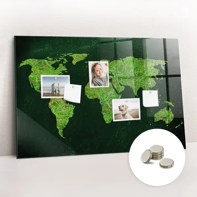 Produktbild von Magnetische Wandtafel aus Glas – Memotafel mit gebogener Vorderseite – Enthält 5 Magnete – 90x60 cm – Weltkarte mit Grasdruck