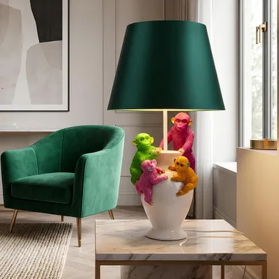Produktbild von riess-ambiente Tischlampe MONKEY 60cm weiß bunt grüner Polyresin Stoffschirm Affen-Skulpturen mit Kippschalter E27