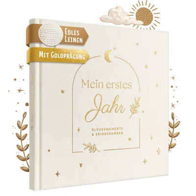 Produktbild von EULENTALER® Babyalbum mein erstes Jahr, Leinen & Goldprägung I von Pädagogen gestaltet I Babytagebuch 1. Jahr zum ausfüllen, Erinnerungsbuch