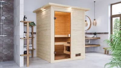 Produktbild von Karibu Sauna Innensauna Sandra Fronteinstieg Ofen 9 KW externe Strg easy 173x159x191 cm mit Dachkranz