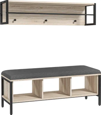 Image de HOMCOM Ensemble meuble d'entrée 2-en-1 banc à chaussures avec 3 casier et porte-manteau mural 3 crochets et barre - coussin rembourrée - naturel et noir