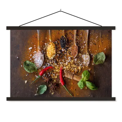 Produktbild von MuchoWow® Textilposter Löffel - Kräuter - Chili - Gewürze - Salz 90x60 cm mit schwarzem Rahmen - Aufhängungssatz