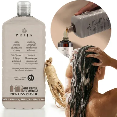 Produktbild von PRIJA 2-in-1 Haarshampoo & Duschgel mit Ginseng, Nachfüllpackung, vegan, 1 L