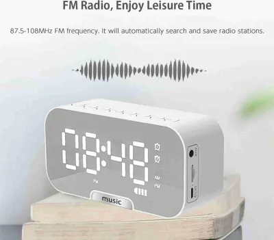 Image de Réveil de surface avec miroir numérique, haut-parleur BT et radio FM, deux alarmes, horloge électronique de bureau, lecteur de musique portable rechargeable, support de carte TF, support de téléphone à 3 niveaux de luminosité, pour la maison, le bureau et les voyages