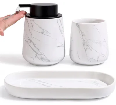Immagine prodotto di Set da bagno in Vetroceramica, 3 pezzi, effetto marmo: dispenser per sapone, bicchiere per lo spazzolino, portasapone