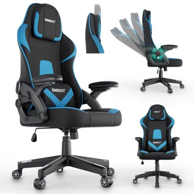 A collage of images showcasing a gaming chair from different angles and demonstrating its features.