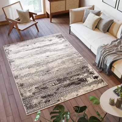 Produktbild von Teppich Wohnzimmer Schlafzimmer Design Abstrakt Beige Braun Meliert Kurzflor 80 x 150 cm