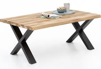 Produktbild von Elfo-Möbel Couchtisch GABY, Wildeiche vollmassiv geölt, Baumkante, X-Fußgestell Metall schwarz, ca. 110 x 47 x 70 cm