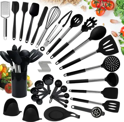 Produktbild von 49-teiliges Küchengeräte-Set - Silikon Kochgeschirr Set mit Utensilienhalter - Küchengeräte Spatel Set mit Halter - Küchengeräte antihaftbeschichtet hitzebeständig - Küchengeräte Garnierspatel - Schwarz