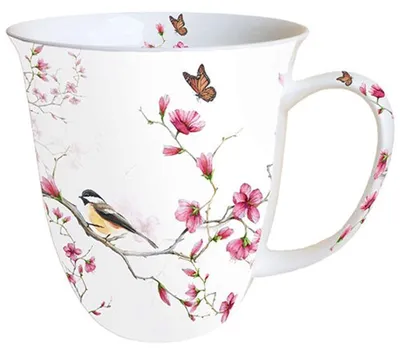 Fine Bone China Mok 0,4 l Vogel-Blüten-Motiv