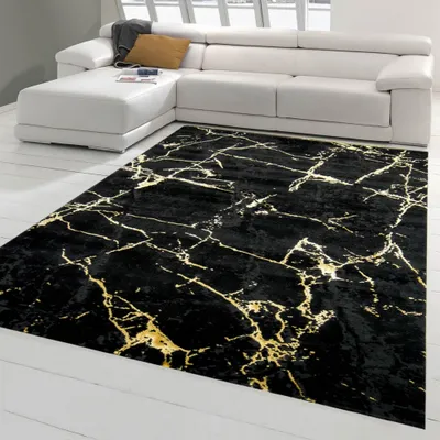 Produktbild von Teppich-Traum Teppich, Schwarz-Gold, 120x170 cm, 12 mm Gesamthöhe, Marmor-Optik, für Wohnzimmer, 30% Polyester 70% Polypropylen, schmutzabweisend, strapazierfähig, pflegeleicht, allergikerfreundlich, lichtecht, schadstofffrei, maschinengewebt, Fußbodenheizung, 2,8 kg/m²