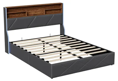 Produktbild von Bett 160×200 cm - Polsterbett Doppelbett - Mit Stauraum - Kopfteil mit Stauraum und USB - LED Beleuchtung - Lattenrost inklusive - Bis 350 kg belastbar - Schwarz