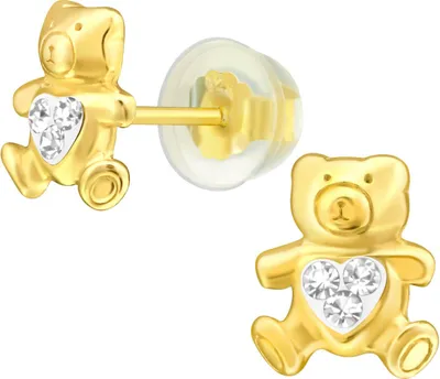 Produktbild von Kinder Ohrringe Ohrstecker 925 Sterling Silber vergoldet Teddybär mit Kristallen in verschiedenen Farben Farbe - Weiß