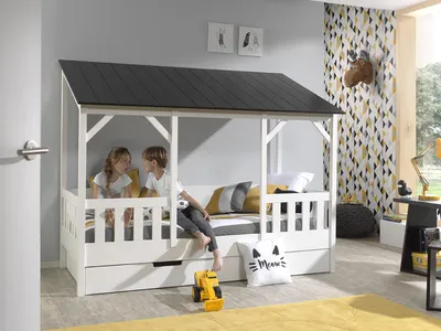 Produktbild von Vipack  Hausbett mit 90 x 200 cm Liegefläche und Bettschublade, Korpus Weiß lackiert, Dach in Schwarz
