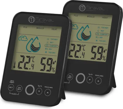 Two black digital hygrometers/thermometers are displayed side-by-side on a white background. The devices show temperature, humidity, and comfort levels.