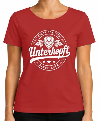Imagen del producto de Camiseta para mujer, color rojo, talla XL, con motivos de cerveza "Chronisch Total Unterhopft", lúpulo, traje tradicional bávaro (lederhosen)