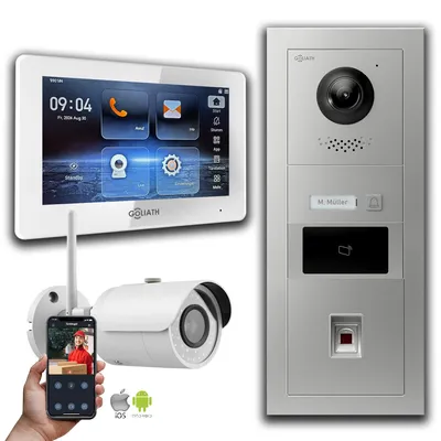 Image de Sonnette vidéo Goliath 2 fils : 7 pouces 1 moniteur, RFID, empreinte digitale, argent, caméra Wifi : Boîte de montage en saillie : 7 pouces en blanc Sélection du moniteur : 7 pouces en blanc Boîte de montage de la sonnette : Boîte de montage en saillie