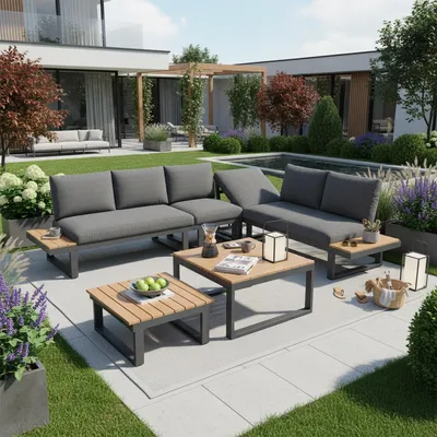 Obrázek produktu pro Zahradní lounge set s nastavitelným sklonem (5 poloh, až 55°) a dvěma konferenčními stolky – zahradní nábytek v šedé a černé barvě